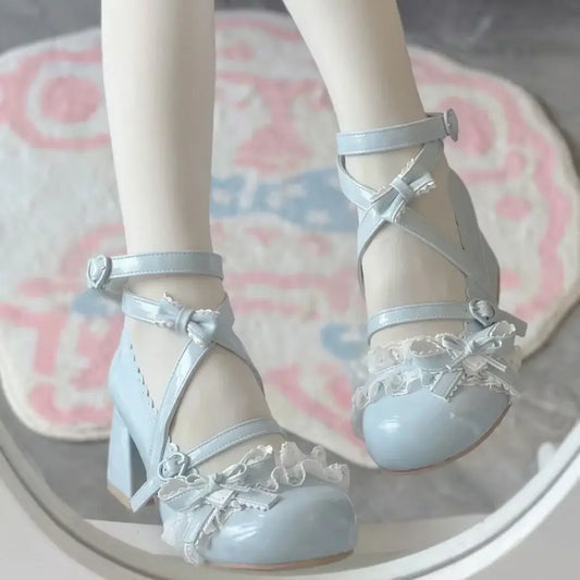 Dolly Ribbon Heels – Doll-Like Platform Pumps with Satin Ribbons & Heart Bows