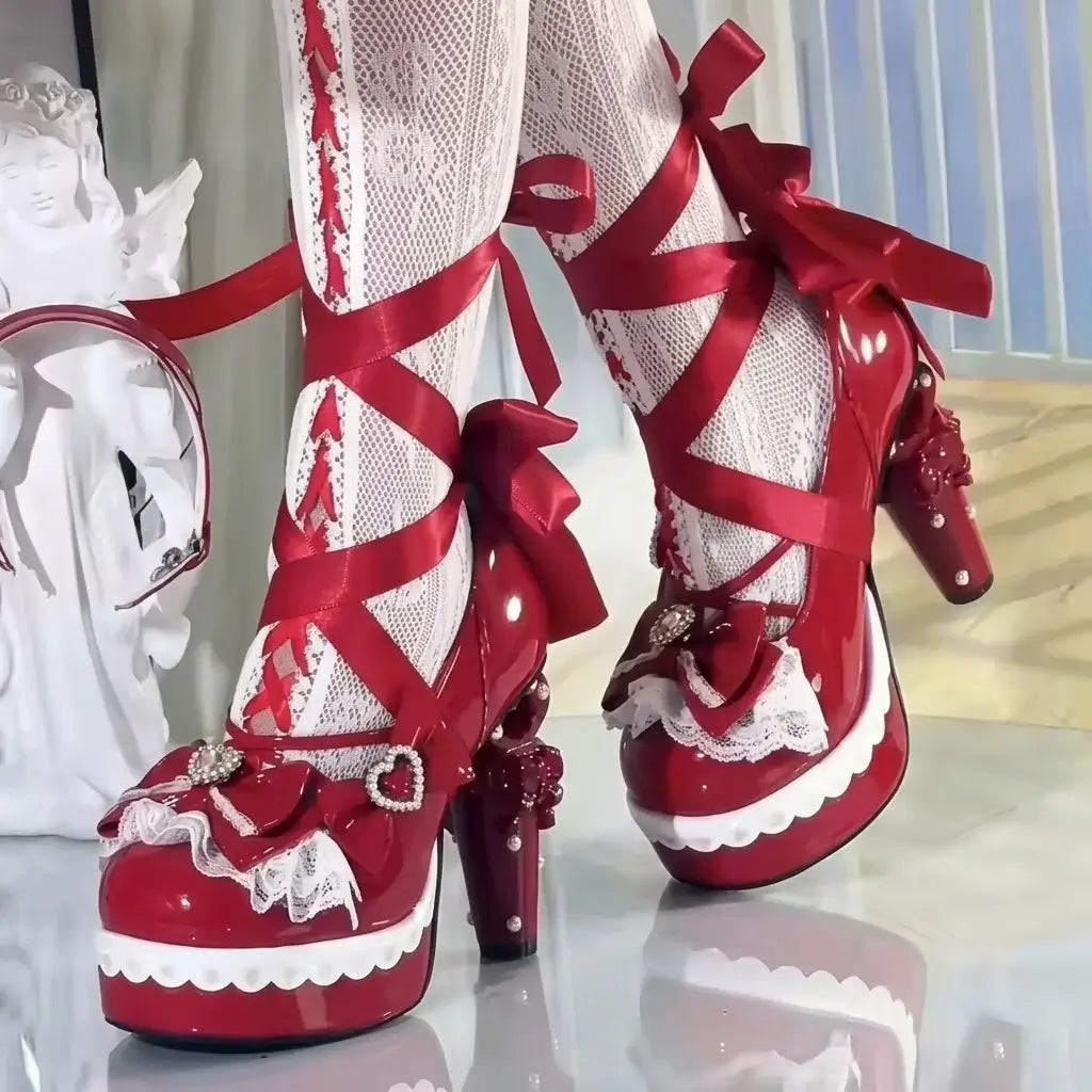 Dolly Ribbon Heels – Doll-Like Platform Pumps with Satin Ribbons & Heart Bows