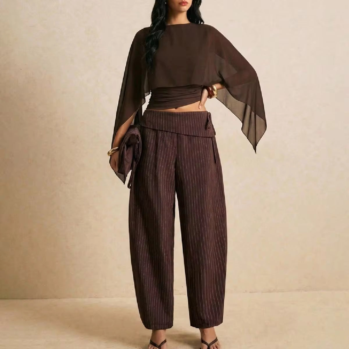 Elegant Brown Women's Batwing-Sleeve Top