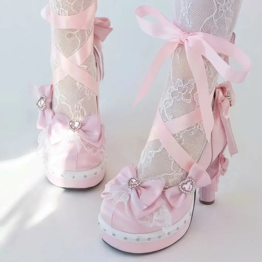 Dolly Ribbon Heels – Doll-Like Platform Pumps with Satin Ribbons & Heart Bows