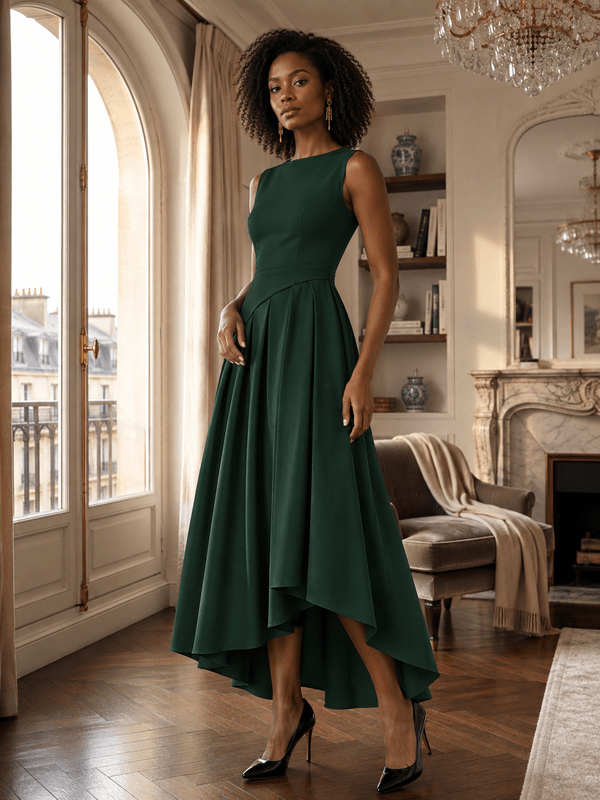 Elegant Sleeveless Asymmetric Pleated Dress with Round Neck