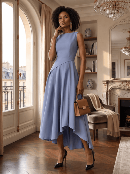 Elegant Sleeveless Asymmetric Pleated Dress with Round Neck
