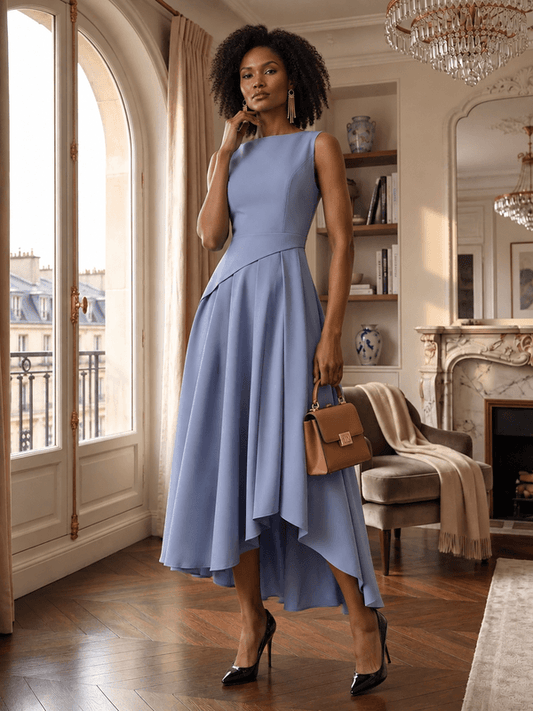 Elegant Sleeveless Asymmetric Pleated Dress with Round Neck