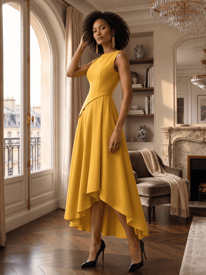 Elegant Sleeveless Asymmetric Pleated Dress with Round Neck