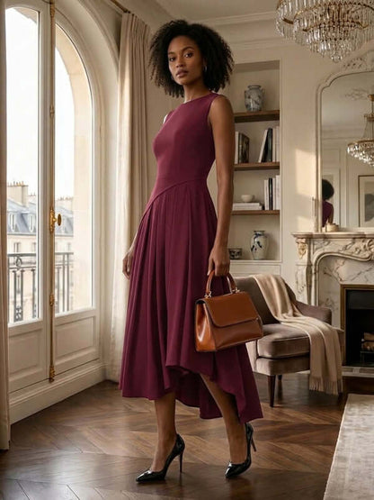 Elegant Sleeveless Asymmetric Pleated Dress with Round Neck
