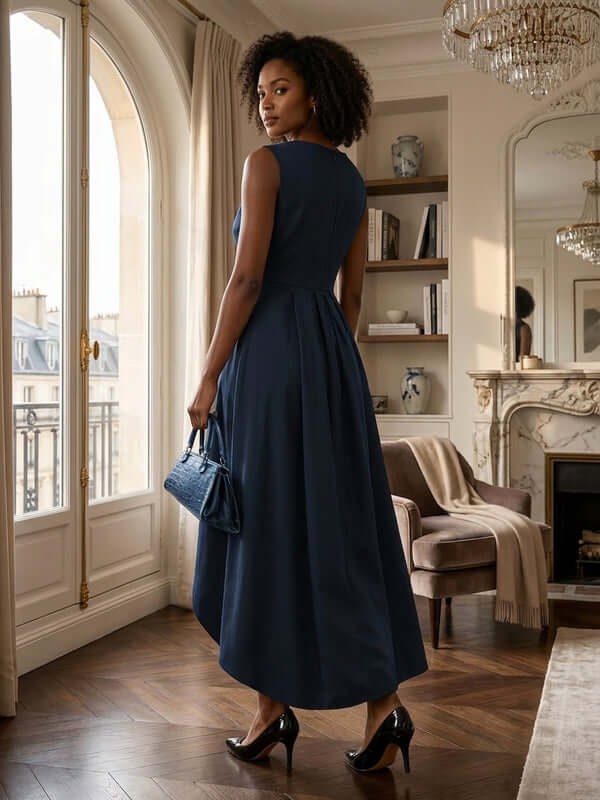 Elegant Sleeveless Asymmetric Pleated Dress with Round Neck