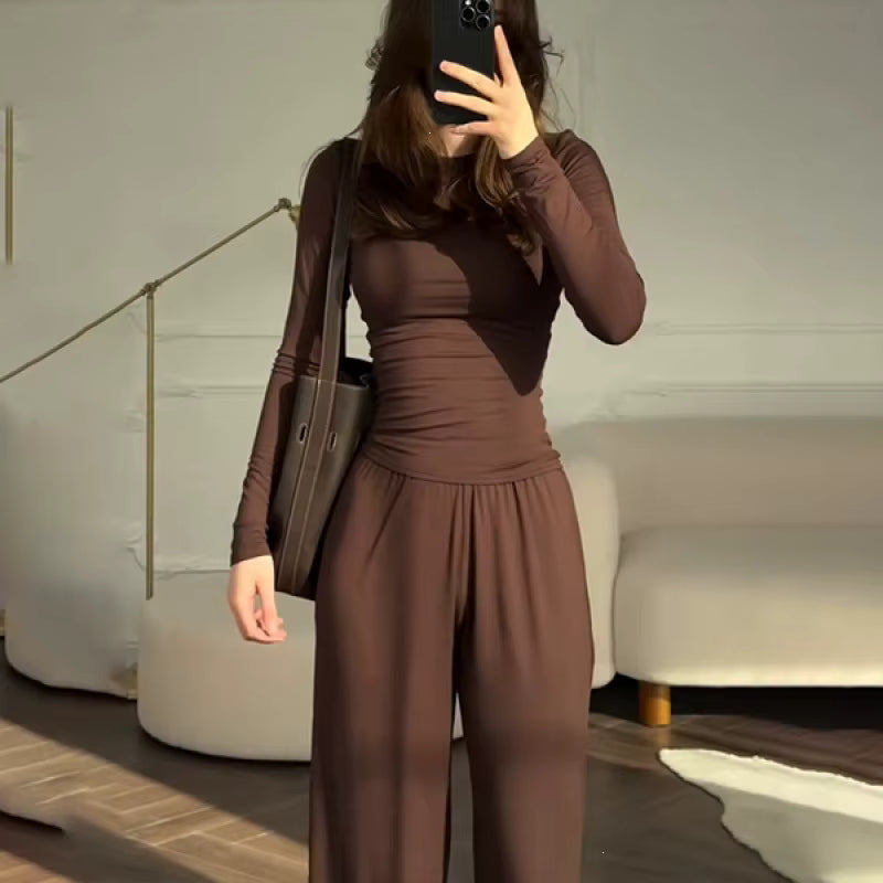 Casual Crew Neck Set with Wide-Leg Pants