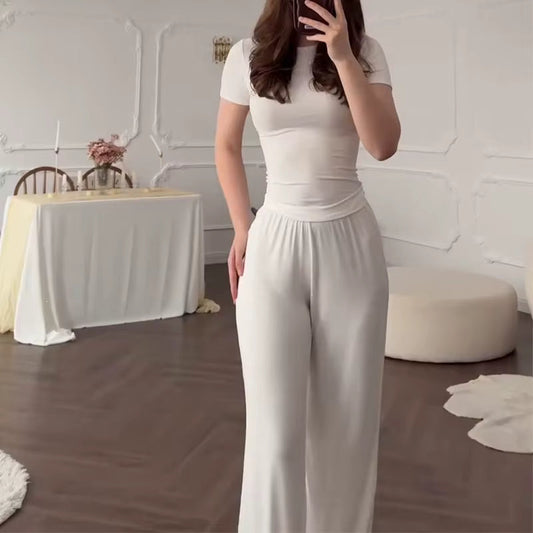 Casual Crew Neck Set with Wide-Leg Pants