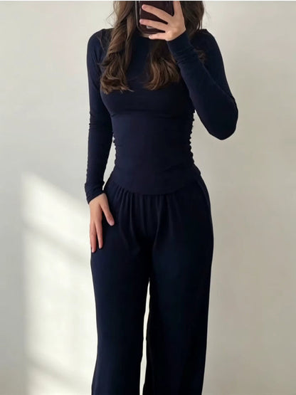 Casual Crew Neck Set with Wide-Leg Pants