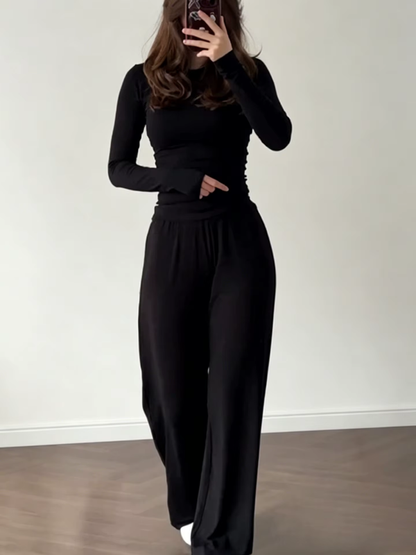 Casual Crew Neck Set with Wide-Leg Pants