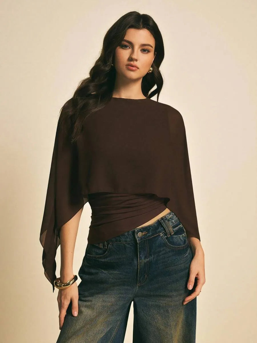Elegant Brown Women's Batwing-Sleeve Top