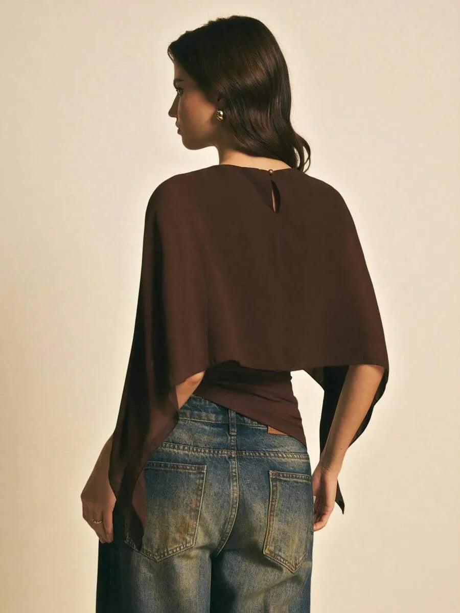 Elegant Brown Women's Batwing-Sleeve Top