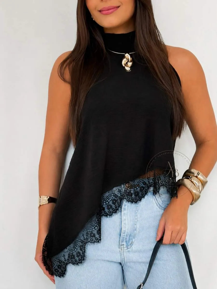 Women's Elegant Casual Asymmetric High-Neck Lace Blouse