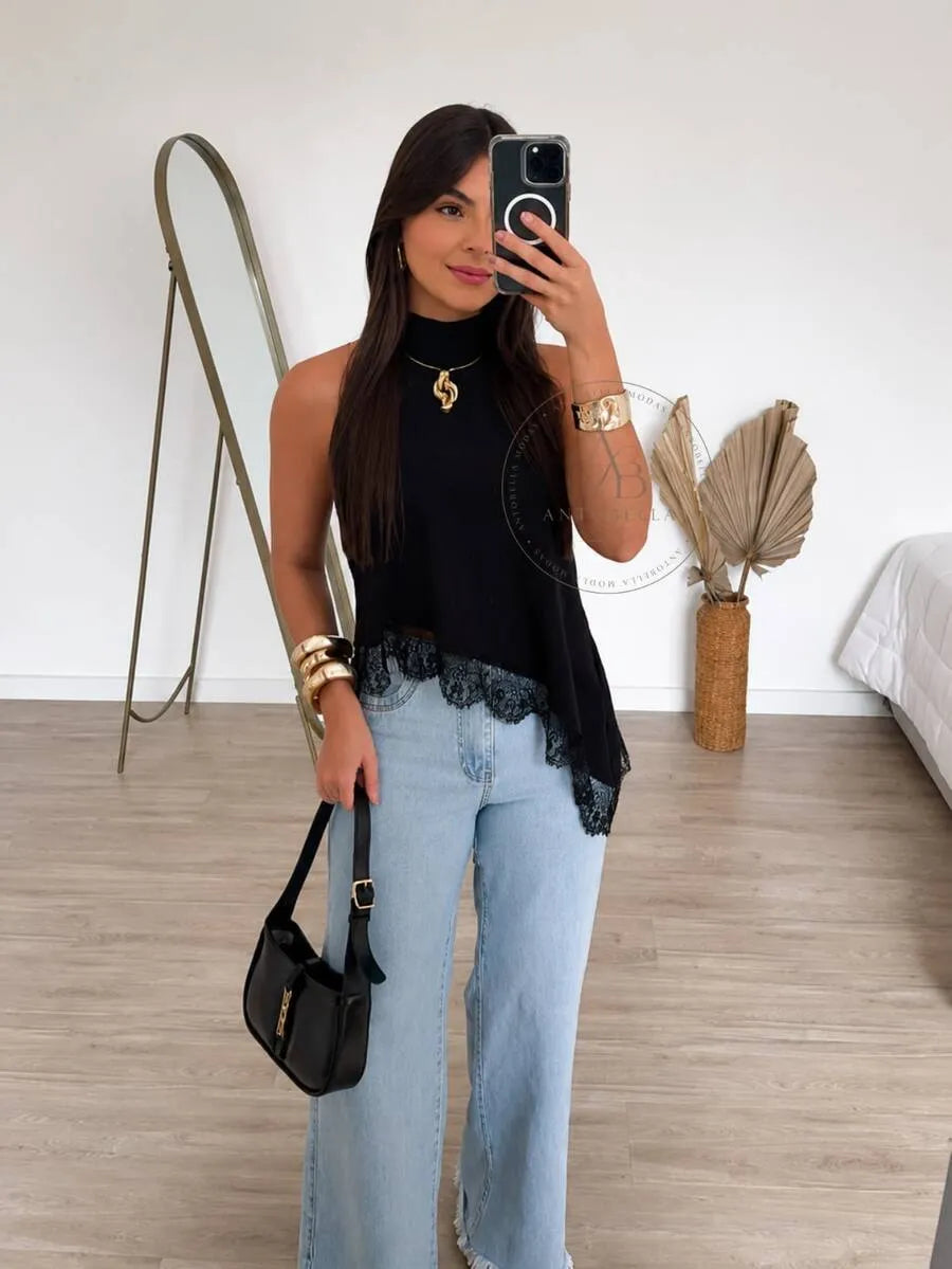 Women's Elegant Casual Asymmetric High-Neck Lace Blouse